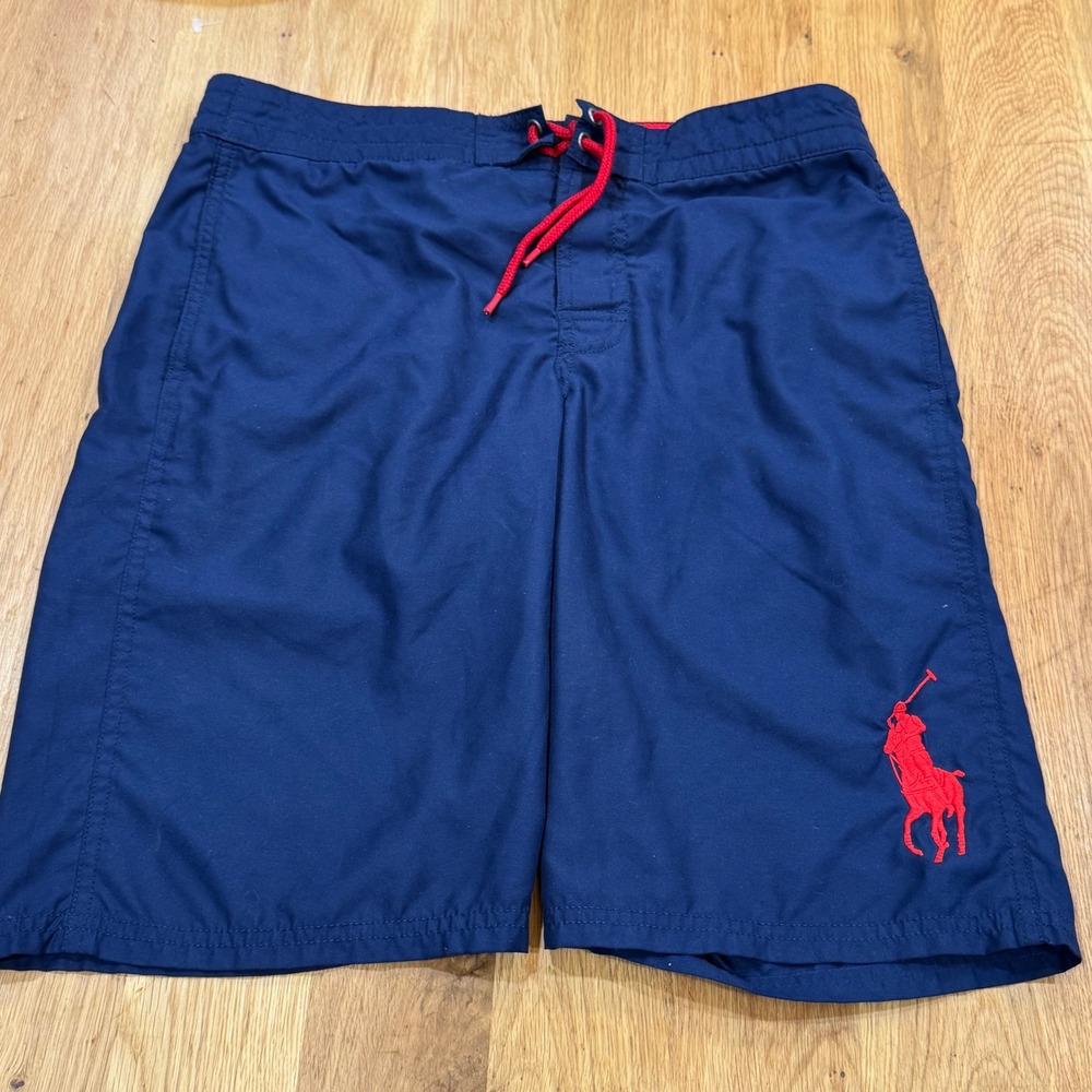Polo Ralph Lauren Kids Navy Blue Swim Trunks Red Pony Logo Boys Size L 14-16